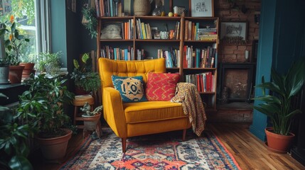 A cozy reading nook showcases an inviting blend of vintage and modern furniture. Bright colors, textured textiles, and lush plants create a relaxed atmosphere perfect for enjoying books