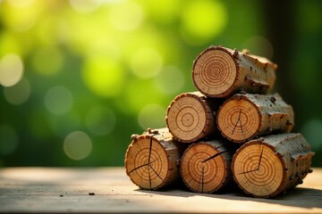 A Stack of Round Wooden Logs in a Natural Setting, Displaying the Beautiful Grain and Texture of the Wood, Bathed in Warm Sunlight