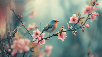 Bird perched on blooming pink flowers branch.