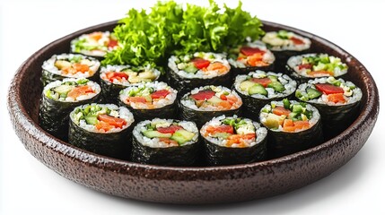 Freshly made sushi rolls beautifully arranged on a brown plate with lettuce garnish against a white background