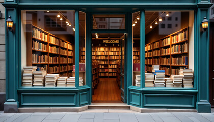 Charming bookstore entrance with welcoming sign and stacks of books in window for literary enthusiasts