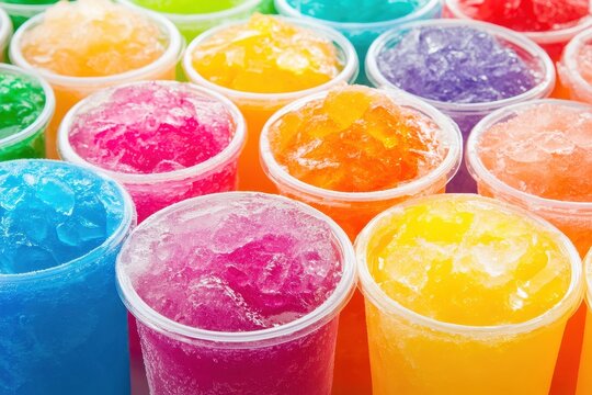 Vibrant Slush Beverages in Clear Cups: Refreshing Colorful Ice Drinks to Beat the Heat