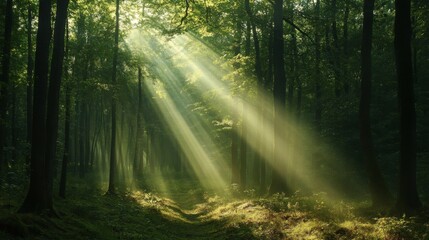 Obraz premium Sunlit Forest Path: Green Trees and Golden Light Beams