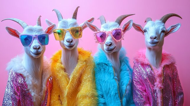 A group of goats dressed in sparkly, neon-bright rock punk outfits, set against a vibrant backdrop with space for text. Ideal for commercials, editorial ads, or party invitations