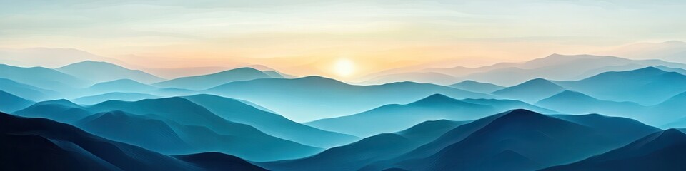 Vibrant Panoramic Mountainscape: Artistic Aquamarine Hills and Ridges at Sunset in Colorful Wilderness