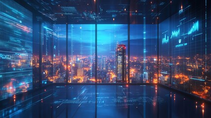 Modern Futuristic Cityscape Night View Digital Art High Tech Office Window Panoramic Modern Building Design Abstract Technology Background Innovative 
