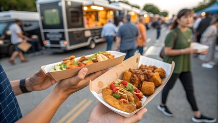 Obraz premium Person Holding Two Takeaway Food Trays at a Lively Outdoor Food Truck Event