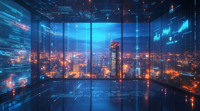 Modern Futuristic Cityscape Night View Digital Art High Tech Office Window Panoramic Modern Building Design Abstract Technology Background Innovative 
