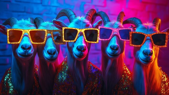 A group of goats dressed in sparkly, neon-bright rock punk outfits, set against a vibrant backdrop with space for text. Ideal for commercials, editorial ads, or party invitations