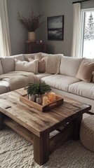 A warm family room invites relaxation with its spacious sectional sofa, softly colored throw pillows, a rustic coffee table, and decorative elements creating a peaceful atmosphere