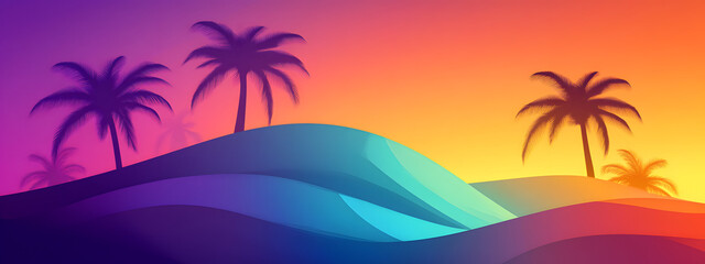 Fototapeta premium Vector illustration of a sunset with palm trees, using simple shapes and a colorful gradient 