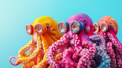 Obraz premium A creative animal concept featuring a group of octopuses dressed in funky, wacky, and wildly mismatched colorful outfits against a vibrant background