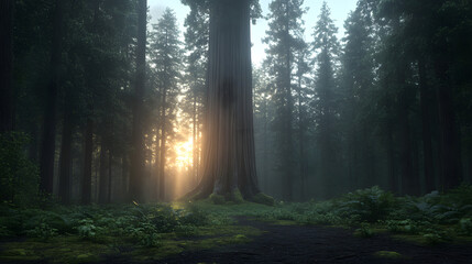 Obraz premium Sunrise through giant redwood forest