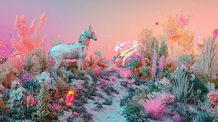 A surrealistic landscape featuring a zebra-like creature amidst vibrant flora and fauna.