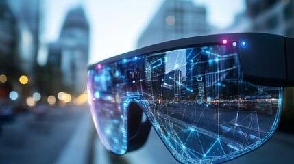 Futuristic Smart Glasses Augmented Reality Cityscape Night View Modern Technology Digital Overlay Innovative Device Glasses Urban Future Advanced     