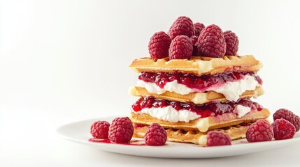 A gourmet waffle stack with layers of mascarpone cheese, fresh raspberries, and a drizzle of raspberry coulis