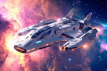 A futuristic spaceship exploring a colorful nebula filled with swirling stardust and glowing particles, creating a dynamic and radiant space adventure