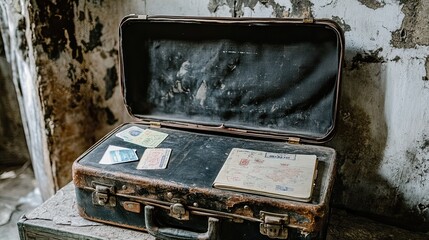 Dusty antique suitcase rests on weathered surface in abandoned building