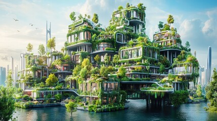 Fototapeta premium A futuristic cityscape with a unique architectural design, featuring buildings covered in greenery and surrounded by a body of water.