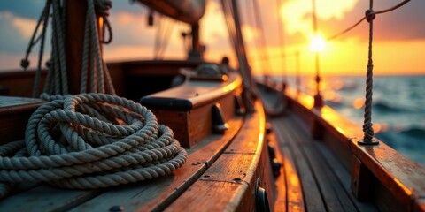 Golden Hour Sailboat Deck  Close-up view of nautical rope coiled on the weathered wooden deck of a sailing vessel, bathed in the warm glow of a setting sun.