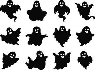 Halloween Ghosts icon of various scary isolated on transparent background. Horrible funny ghosts in children's cartoon style animal Magic symbols for parties, celebrations, templates Vector