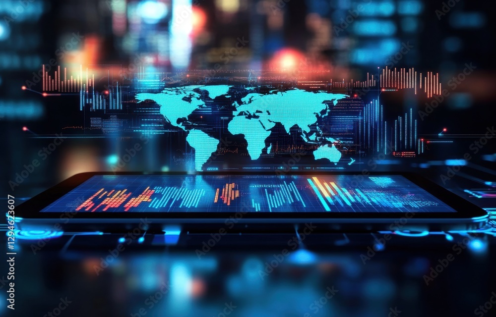 Poster a digital tablet displaying global business data with a world map in the background, symbolizing tec