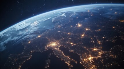 Fototapeta premium A high-angle perspective of Earth with thousands of illuminated data connections representing the backbone of the internet