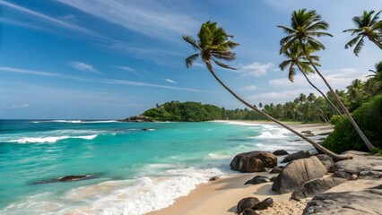Tropical beach with palm trees and turquoise water. Created with Ai