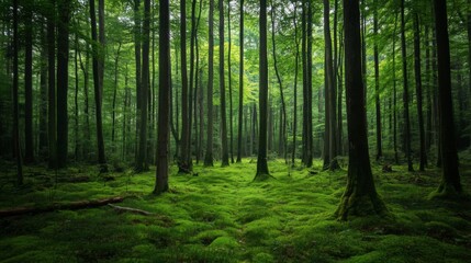 Obraz premium Lush Green Forest with Sunlight Filtering Through Tall Trees