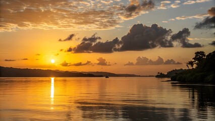 Fototapeta premium Serene sunset over tranquil river with reflective waters. Created with Ai
