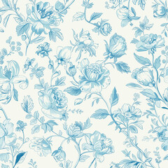 Toile de jouy Floral Blue Toile Chinoiseries Peonies Flowers Print Design Seamless Pattern. 33