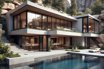 Fototapeta premium Modern house with a sleek design and a pool nestled between rocky hills in a serene outdoor environment