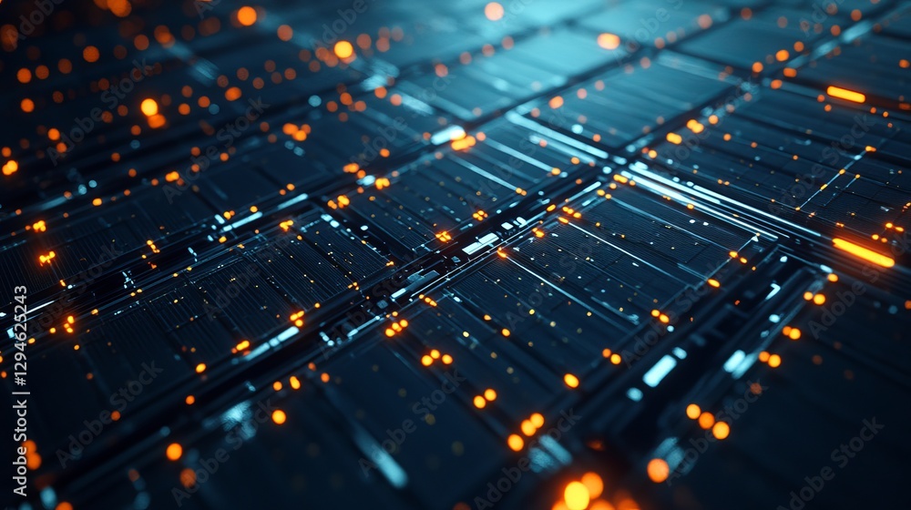Poster abstract futuristic technology background digital dark blue orange glowing lines grid pattern modern