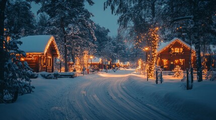 Sparkling Christmas lights illuminate a picturesque Scandinavian village blanketed in snow. Wooden cabins line the path, creating a festive and inviting atmosphere