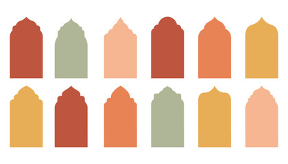 Traditional islamic window shapes in oriental style. Set of colorful silhouette Eid Mubarak decorative arches, mosque borders or moroccan gates. Arabic architecture design elements, Ramadan frames.