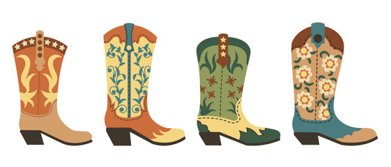 Cowgirl boots set in flat style. Hand drawn cowboy Western and Wild West concept. Traditional shoes collection.
