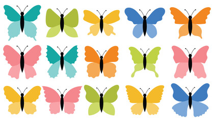 Cute butterflies set in pastel colors. Spring and summer elements. Hand drawn flat style clip art collection.