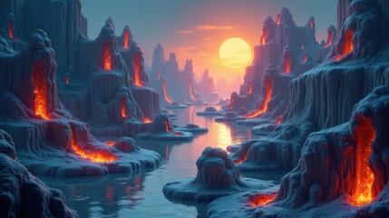 Fototapeta premium An ever-changing fractal world where landscapes reshape continuously, with glowing geometric formations emerging and dissolving. Magical Realism in endless transformation.