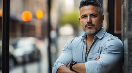 Fototapeta premium A Confident Latino Man in His Mid-40s Posing with Arms Crossed on a Bustling City Street, Exuding Determination and Self-Assurance Amidst an Urban Landscape