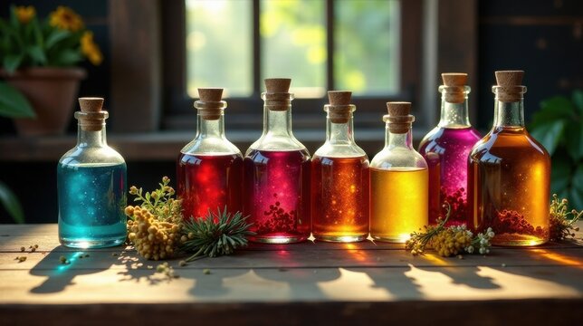 A Row of Colorful Glass Bottles Filled with Sparkling Liquids, Illuminated by Sunlight on a Rustic Wooden Surface