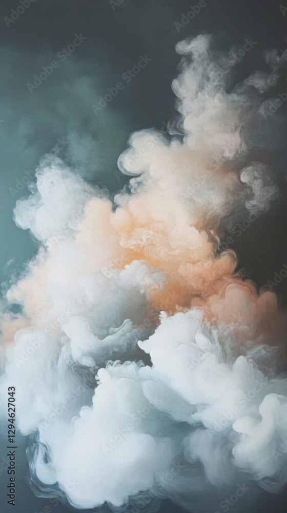 Poster soft clouds billow in shades of white and orange, gently merging against a calm blue backdrop. morni
