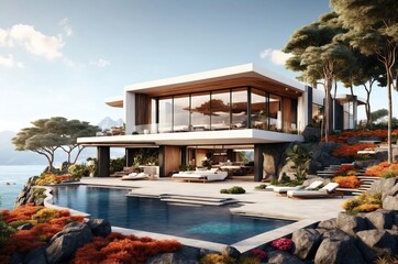 Obraz premium Modern villa with panoramic ocean view and landscaped garden located in a sunny coastal area