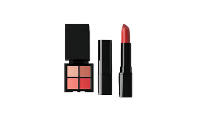 A tube of lipstick next to a makeup palette isolated on a transparent background