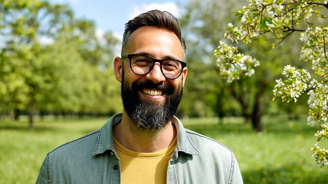 Smiling man with glasses enjoying a sunny day outdoors, surrounded by lush greenery and blossoming trees.
