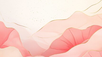 Abstract pink landscape with gold lines, soft pastel colors, gentle curves, serene background