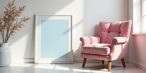 Serene Interior Design Featuring a Pastel Pink Armchair and Blank Picture Frame