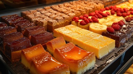A delightful assortment of freshly baked cakes and pastries, showcasing a variety of flavors and textures.  A tempting display of caramel flan, fruity cheesecakes, and crumbly squares.