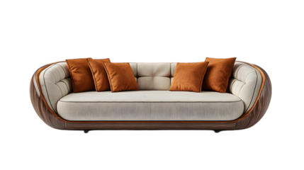 3D Illustration Modern Sofa, Wood Frame, Beige Cushions, Orange Pillows