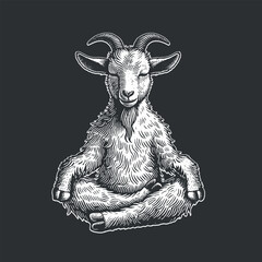 goat sits in lotus position meditates style engraving hand drawn vector on dark background print t-shirt