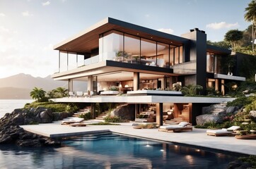 Fototapeta premium Modern luxury villa overlooking the ocean at sunset, designed for relaxation and entertainment in a tropical paradise